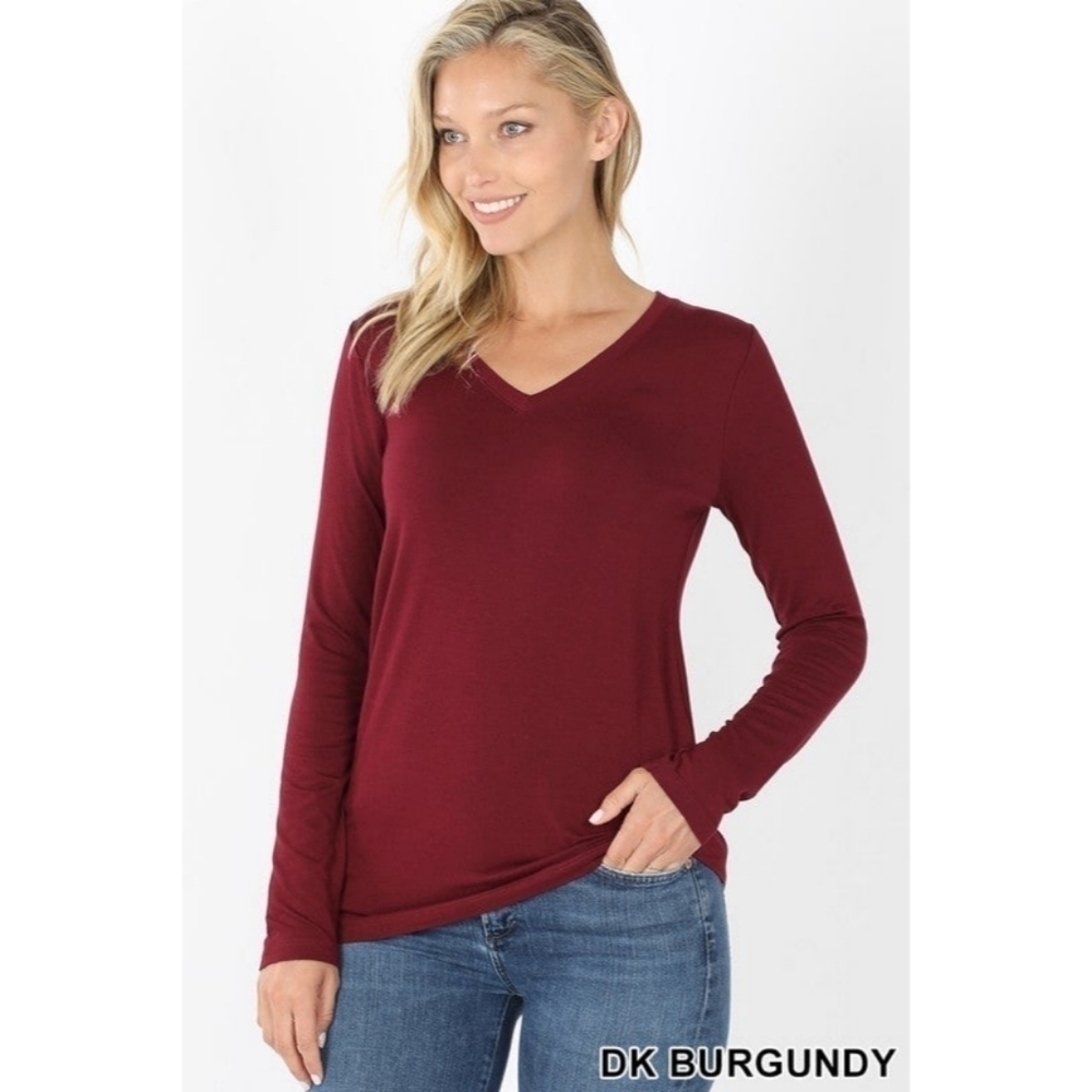 ZENANA Long Sleeve V Neck Top Burgundy Size XL NWT